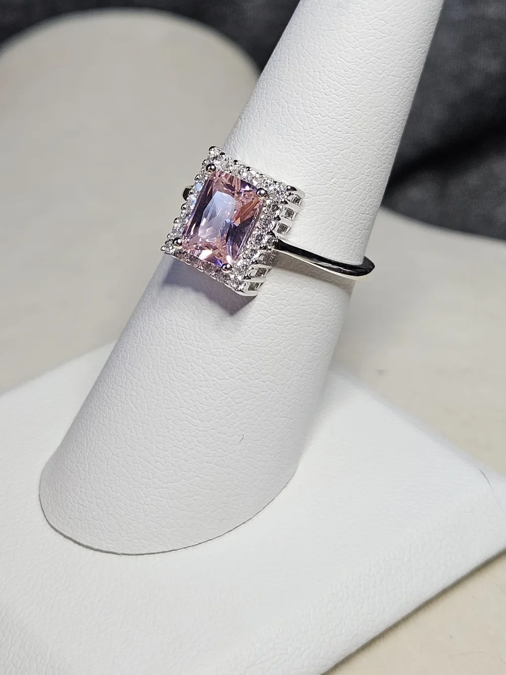 Sterling Silver Ring with Pink Rectangular Center Stone and Halo